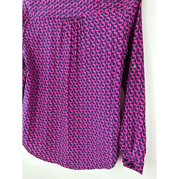Diane von Furstenberg Silk Button Blouse Pink Navy Top Lorelei Chain DVF Size 8 - Picture 10 of 16